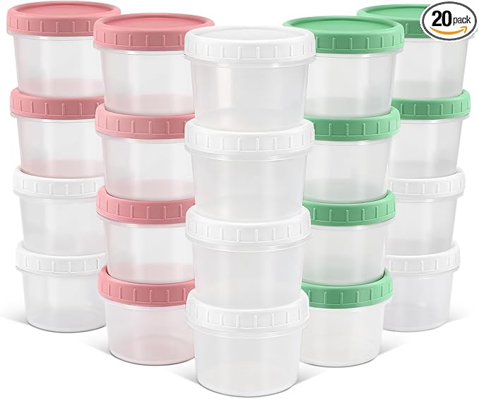 DEMORA 4 oz Small Plastic Containers with Twist on Lids [20 Sets], Stackable Little Food Storage Containers for Snack Lunch Meal Prep Salad Dressings, Freezer/Microwave/Dishwasher Safe, BPA Free
