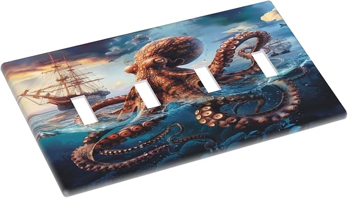 Light Switch Cover Plate Deep Ocean Octopus Sailboat Sea Monster 4 Gang Quad Toggle Decorative Switch Plates Wall Panels Electrical Wall Plates Faceplate for Bathroom Bedroom Decor