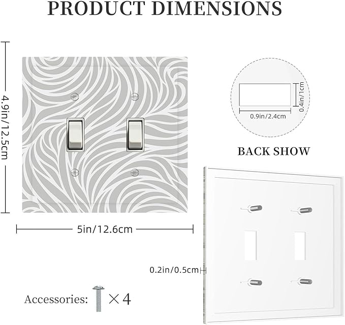 Silver Swirls Double Toggle Switch Cover - 2-Gang Standard US Size Modern Abstract Wave Vortex, Neutral Gray Decorative Light Switch Covers for Contemporary Home Decor