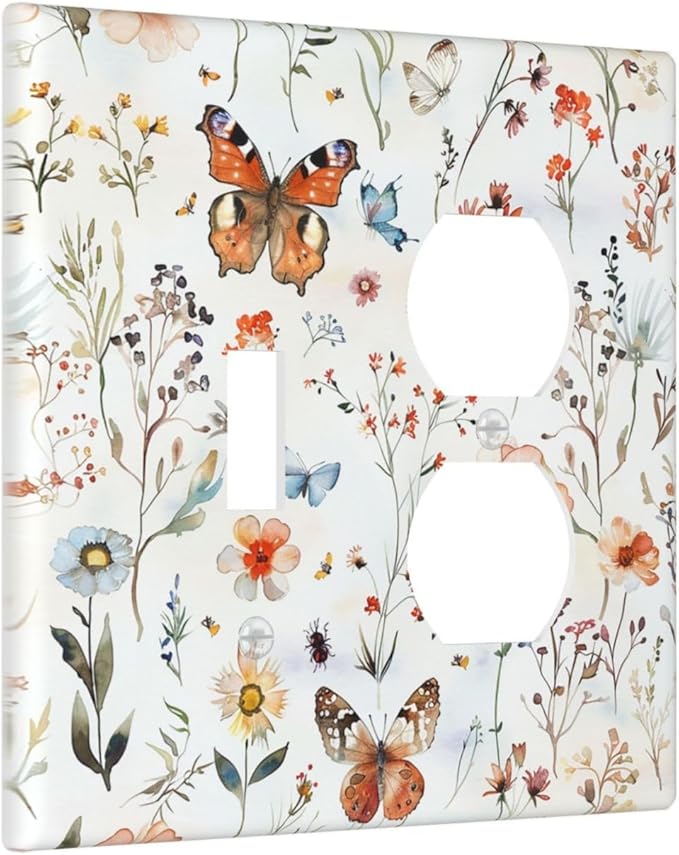 Wallplates Butterfly Floral Boho Multicolor Flower Leave 1 Toggle 1 Duplex Switch Plate Electrical GFCI Faceplate Decorative Light Switch Covers for Bed Room living Room Decor