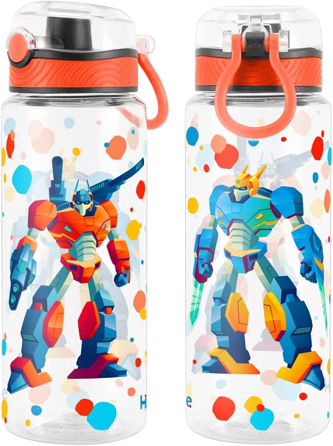 Home Tune Cute Water Bottle for School Kids Girls, BPA FREE Tritan & Leak Proof & Easy Clean & Carry Handle, 23oz/ 680ml (Robot)