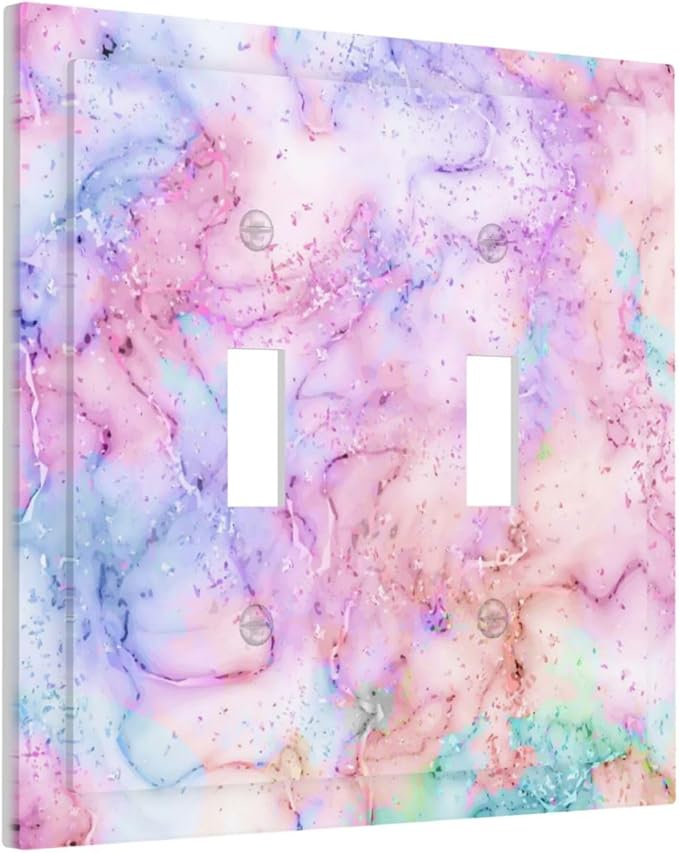 Decorative Switch Plate Covers Cute Marble Texture 2 Gang Double Toggle Light Switch Cover Pink Purple Gold Abstract Electric Wall Plate Dual Device Electrical Faceplate for Kids Girls Nursery Decor