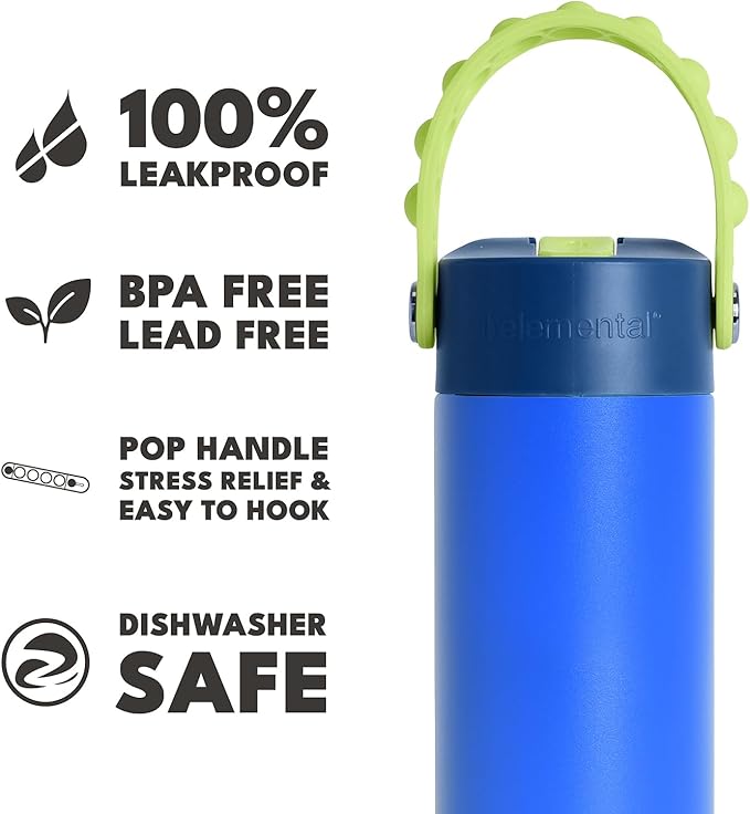 Elemental Insulated Kids Water Bottle, Stainless Steel Water Bottle with Straw Lid & Pop-It Handle, Leak-Proof Water Bottles for School, Boys or Girls, Travelling and Sports, 18oz - Night Fall