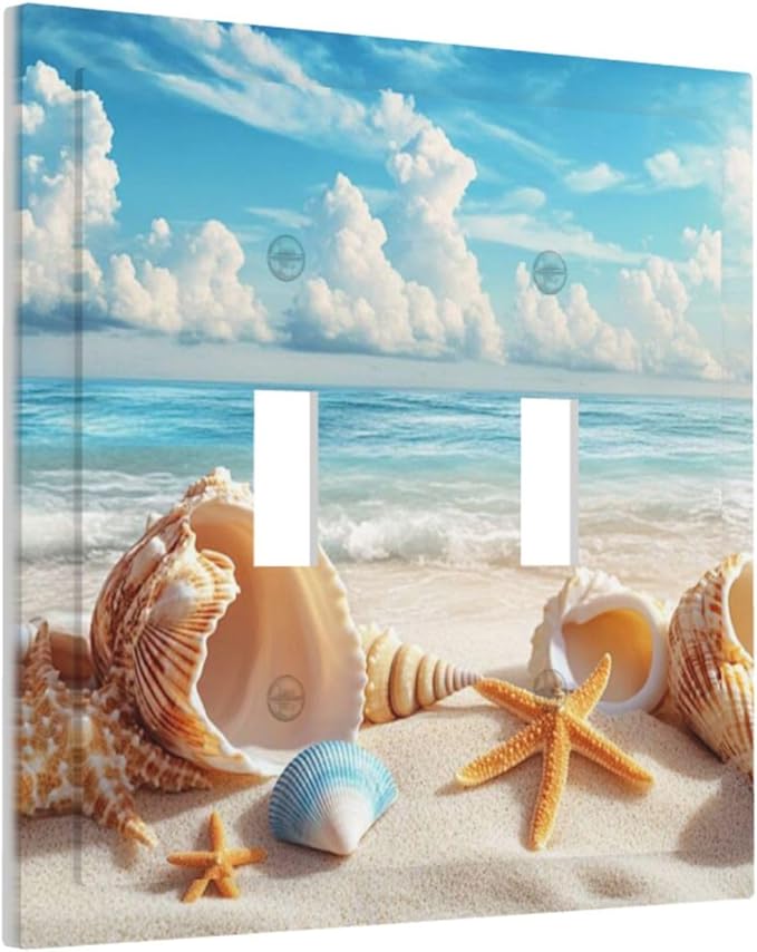 Beach Coastal Seashore Sea Starfish Shell Sand Decorative Switch Plates 2 Gang Double Toggle Outlet Light Switch Cover Wall Plate Electrical Faceplate for Bathroom Home Decor