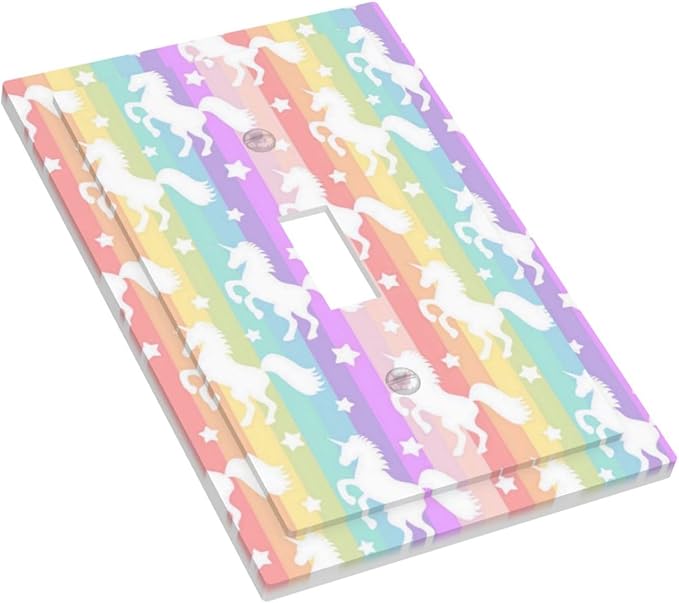 Funny Cute Colorful Girly Rainbow Stripes Unicorn Animal Kid Girls Room Theme 1-Gang Outlet Light Switch Plate Cover Decorative Single Toggle Face Wall Plate Electrical Receptacle Cover Jumbo Size