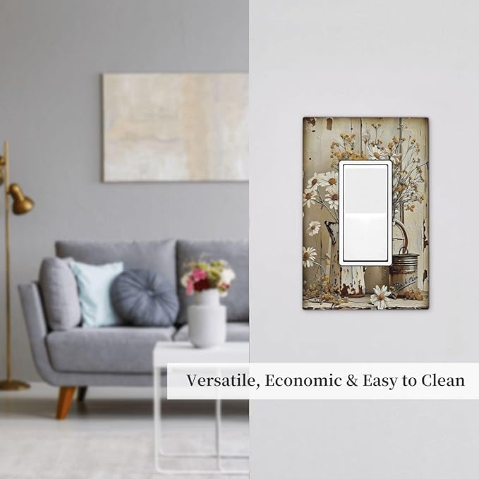 Rustic Flowers Daisy Floral White Wooden Planks Decorative Outlet Covers 1 Gang Single Rocker Light Switch Cover Plate Wall Plates GFCI Faceplate for Farmhouse Home Decor
