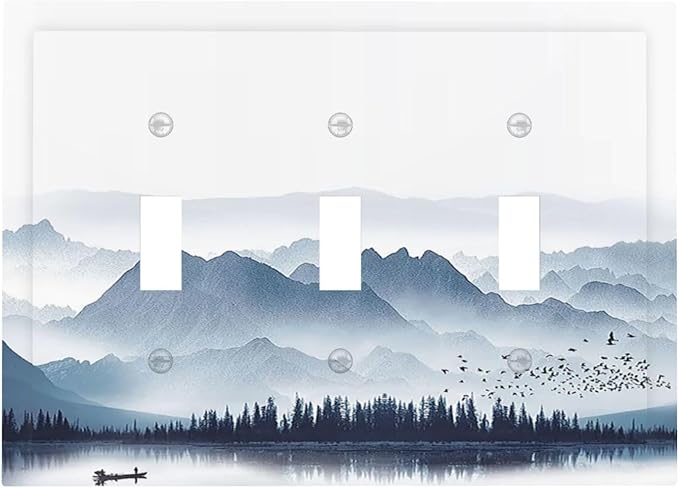 Decorative Switch Plates Mountain Foggy Lake Boat Grey Blue Forest Birds 3 Gang Wall Plate Faceplate Triple Toggle Light Switch Cover Electrical Wall Panels for Bedroom living Room Decor