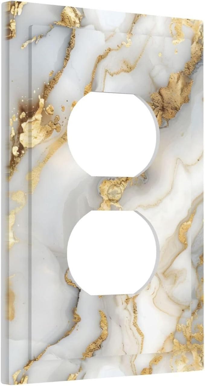 Luxurious White Gold Marble Patterns Abstract Outlet Covers 1 Gang Duplex Light Switch Cover Decorative Switch Plates Electrical Receptacle Faceplate Wall Plate for Bathroom Kitchen Decor