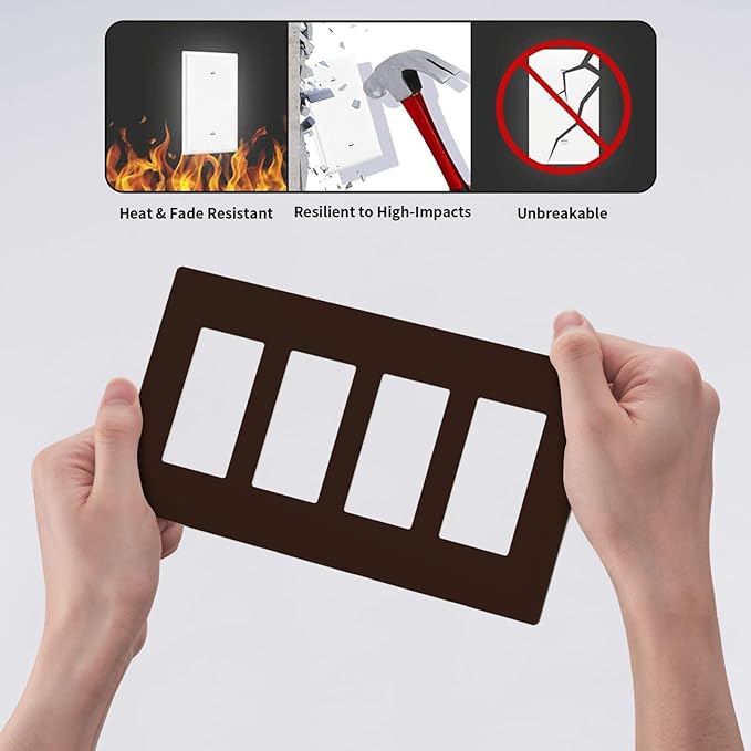 Coffee Brown 4 Gang Quad Rocker/GFCI/Decorator Light Switch Cover Plate Decorative Electric Faceplate Decorative Switchplate Screwless