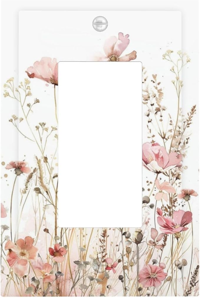 Boho Floral Watercolor Pink Wildflower Butterfly Decorative Outlet Covers 1 Gang Single Rocker Light Switch Cover Plate Wall Plates GFCI Faceplate for Bedroom Living Room Decor