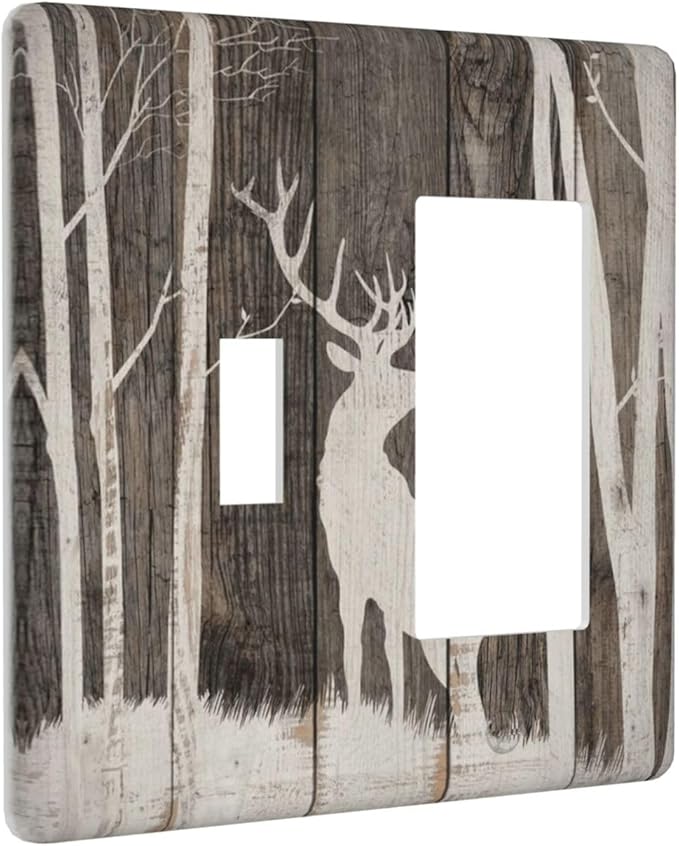 Vintage Wood Forest Deer Wildlife Animal Silhouette Outlet Covers 1 Toggle 1 Rocker Combination Decorative Wall Plate Electrical Switch Plates Light Switch Cover Plate for Farmhouse Home Decor