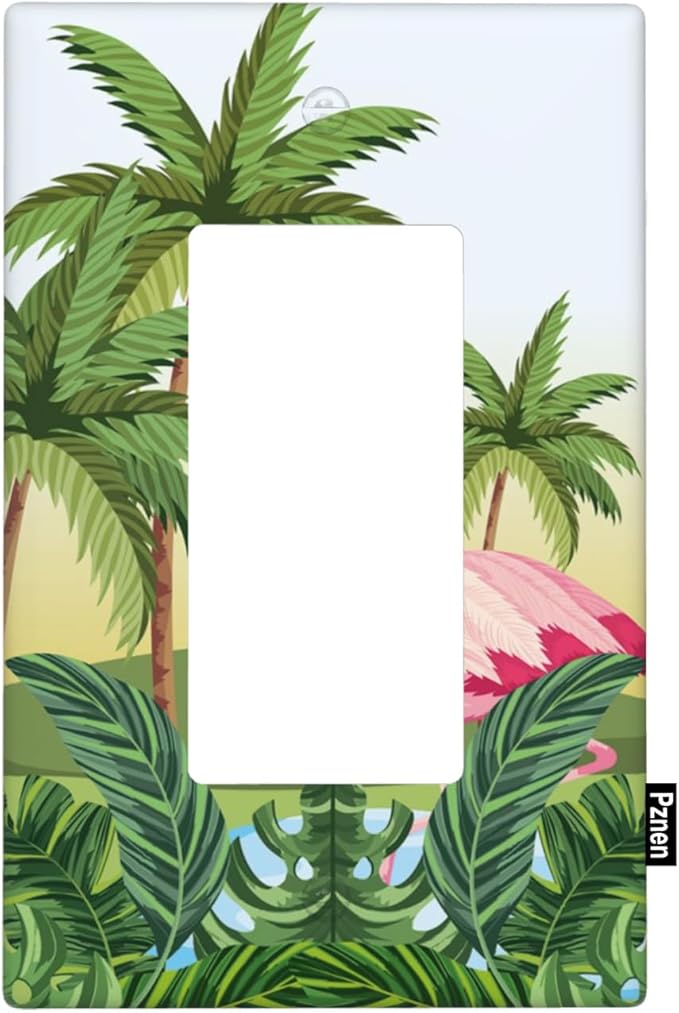 Beach Flamingo Single Rocker Wall Plate Summer Palm Tree Banana Monstera Leaf Tropical Plant Decorator Rocker Switch Plate Decorative 1 Gang Lightswitch Cover Home & Office