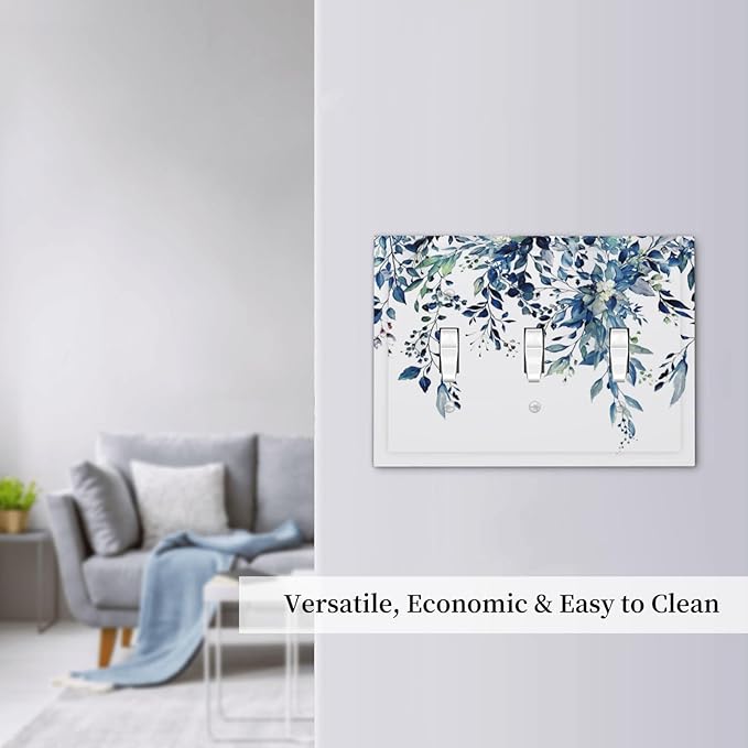 Blue Eucalyptus Watercolor Leaves 3 Gang Light Switch Plate Decorative Green Plant Triple Toggle Wall Plate Cover Electrical Faceplate Switchcover for Kidroom Bathroom Home Bedroom Art Panel Decor