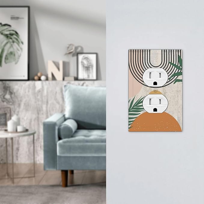 Minimalist Aesthetic Abstract Art Mid Century Modern Leaf Geometric Boho Sun 1 Gang Duplex Wall Plate Electrical Receptacle Outlet Cover Decorative Dual Device Mid Size Plug Light Switch Wallplate