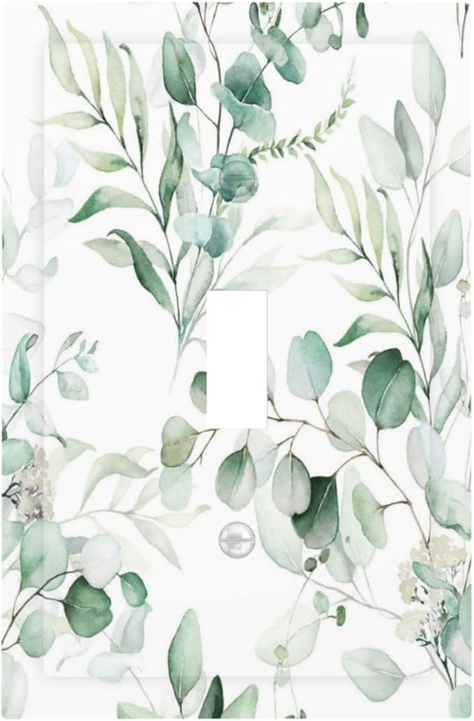 Boho Green Eucalyptus Leaf Floral Plants Flowers Decorative Light Switch Cover 1 Gang Single Toggle Device Electrical Faceplate Switchplates Decorator Outlet Wall Plate for Bed Room Living Room Decor