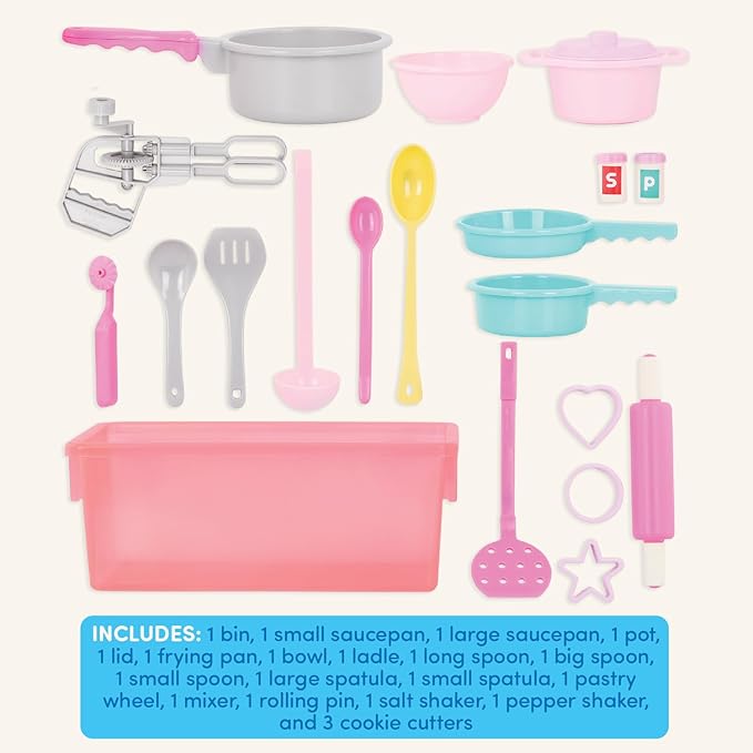 Battat – Play Circle – Cooking & Baking Playset – Hand Mixer, Rolling Pin, Ladle, Spatulas & More – Storage Bin – Kitchen & Cooking Toys for Kids – 3+ Years– Dinner for Eight Cookware