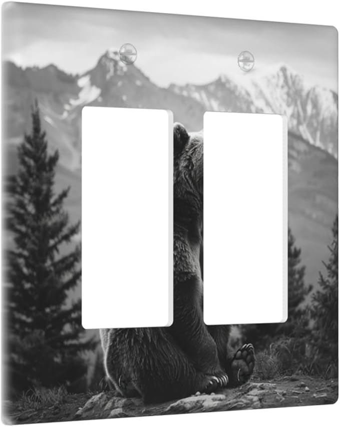 Light Switch Cover Plate Black White Bear Mountain Pine Trees Wilderness 2 Gang Double Rocker Outlet Covers Decorative Switch plates Electrical Wall Plates GFCI Receptacle for Bathroom Bedroom