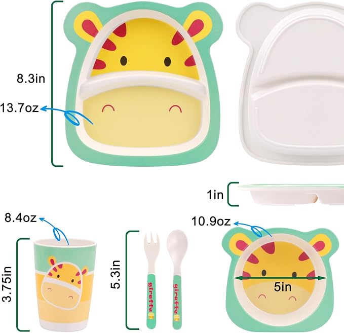 Kids Dinnerware Set, 5-Pieces Includes Divided Plate Bowl Cup Fork Spoon Utensils, BPA Free Bamboo Fiber Material Perfect for Boy and Girls (Giraffe)