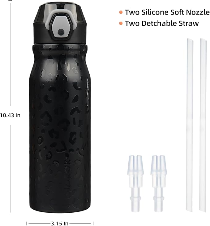 BJPKPK 25oz Insulated Water Bottle with Straw Stainless Steel Double Wall Water Bottles BPA Free Leak Proof Thermal Flask with Lockable Flip Lid and Soft Silicone Spout,Black Leopard