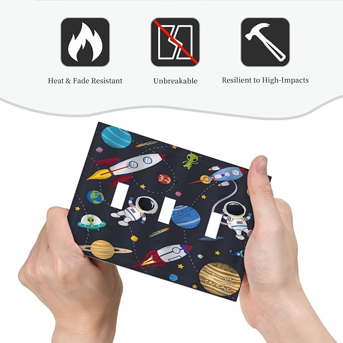 Rocket Planets Astronaut Blue Decorative 3 Gang Light Switch Covers Triple Toggle Wall Plate Decorative Switchplate Electrical Faceplate for Nursery Kidsroom Bedroom Decor