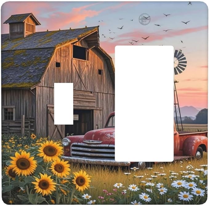 Rustic Barn Red Truck Windmill Sunflower Outlet Covers 1 Toggle 1 Rocker Combination Decorative Wall Plate Electrical Switch Plates Light Switch Cover Plate for Farmhouse Home Decor
