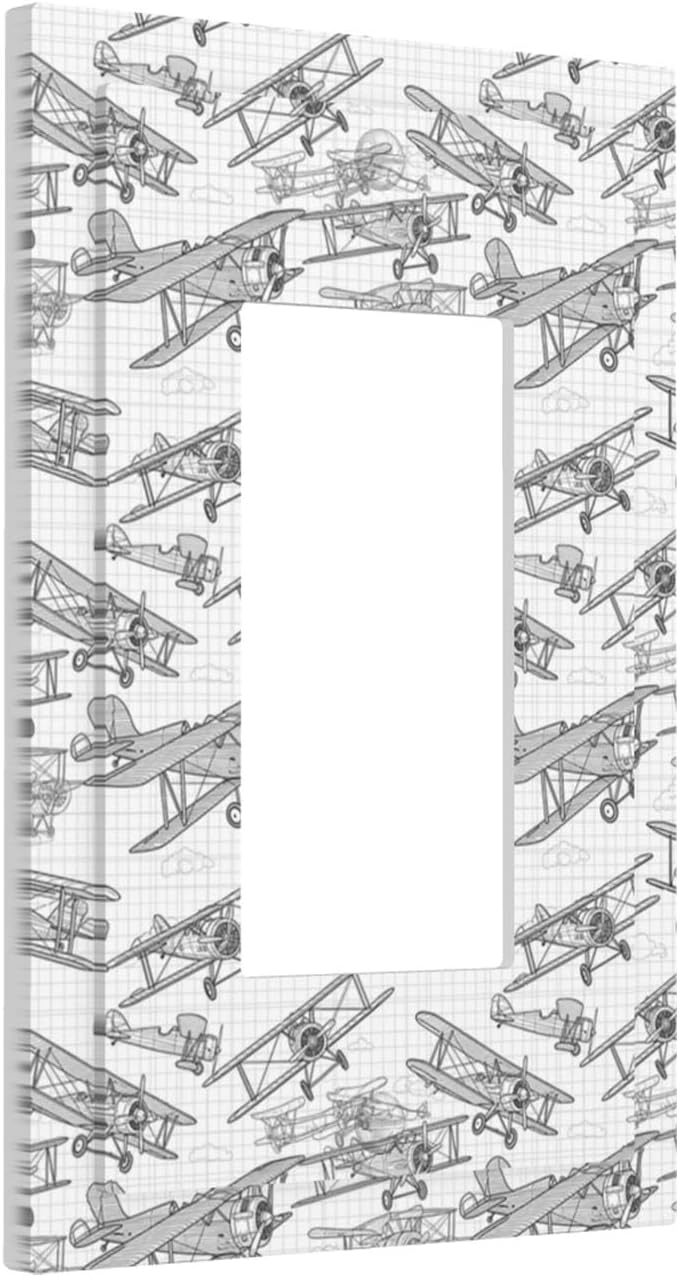 Vintage Biplane Single Rocker Switch Cover - 1-Gang Standard US Size Aviation Blueprint Grid Light Switch Covers, Retro Pilot Dream for Boys Room