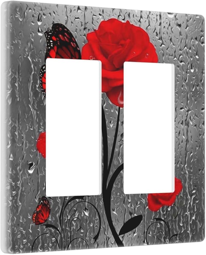 Butterfly Red Rose Flower 2 Gang Double Rocker/Decor Light Switch Cover Decorative Outlet Wall Plate Electrical Faceplate Home Bedroom Art Panel Decor Screwless 4.7" x 4.6
