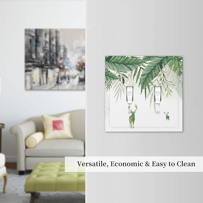Deer Banana Leaves Palm Trees Green Plants Decorative Switch Plates 2 Gang Double Toggle Outlet Light Switch Cover Wall Plate Electrical Faceplate for Bed Room Living Room Decor