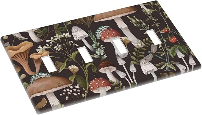 Vintage Boho Hippie Plant Mushroom 4 Gang Device Light Switch Cover Decorative Quad Toggle Wall Plate Decorative Electrical Faceplate for Home Bedroom Art Decorate