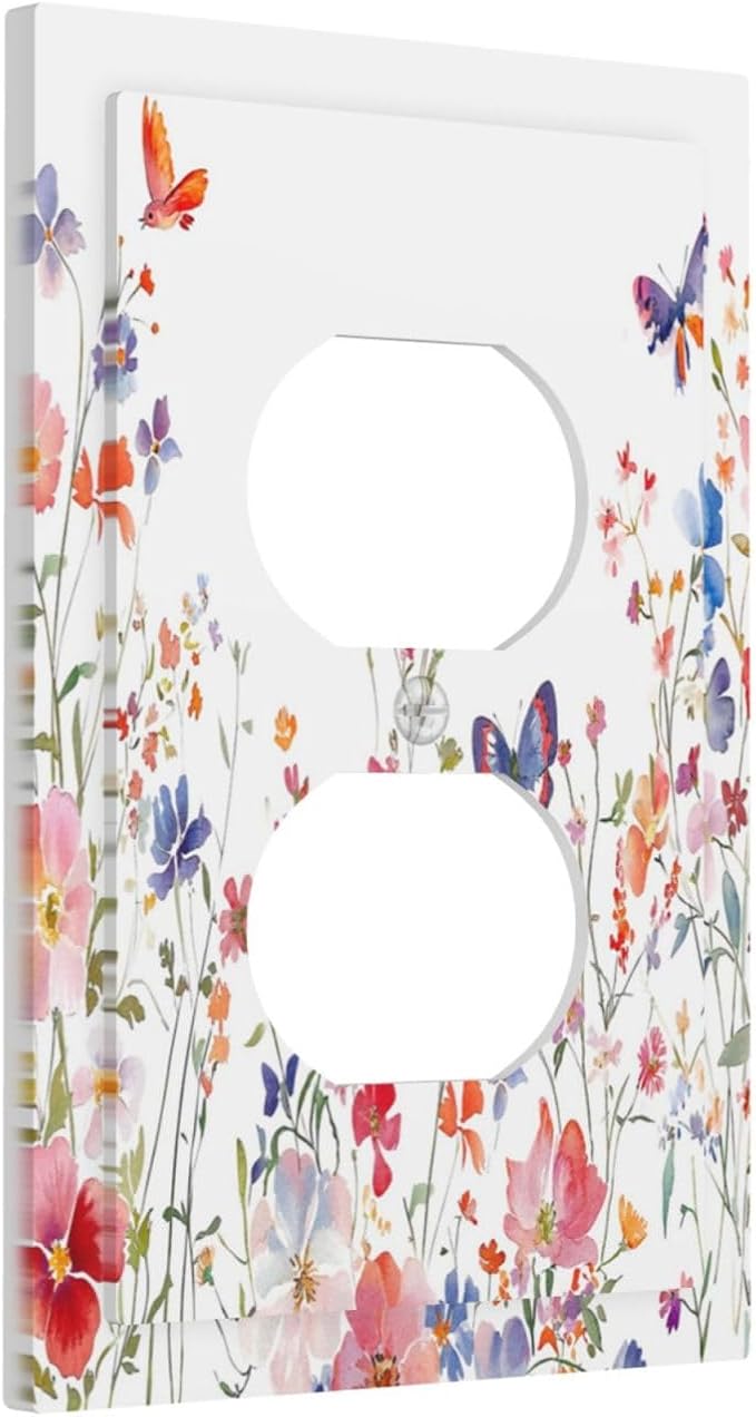 Colorful Flower Watercolor Floral Butterfly Bird Outlet Covers 1 Gang Duplex Light Switch Cover Decorative Switch Plates Electrical Receptacle Faceplate Wall Plate for Bedroom Living Room Decor