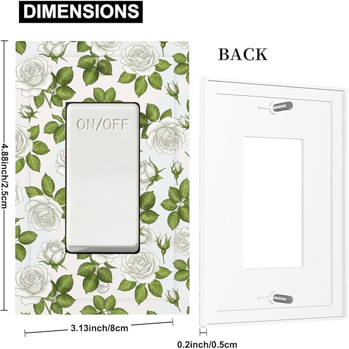 Elegant White Roses & Green Leaves Floral Single Rocker Switch Cover - 1-Gang Standard US Size Timeless Rose Garden Light Switch Covers for Bathroom Bedroom Vanity Decor