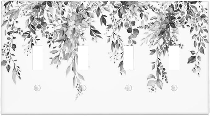 Light Switch Covers Grey Floral Plant Eucalyptus Leaf Flower Quad Toggle Electrical Faceplate 4 Gang Wall Plate Decorative Switch Plates For Bed Room Living Room Decor
