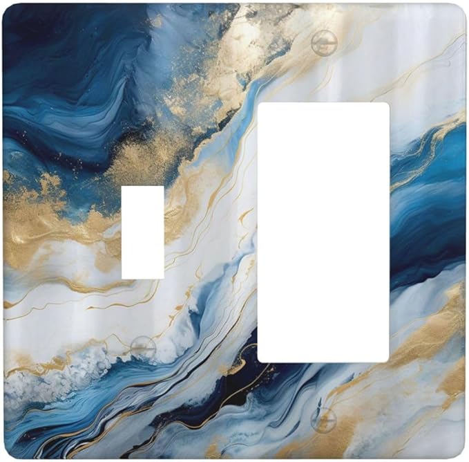 Abstract Blue Granite Luxury Watercolor Marble Texture Print 2 Gang Single Toggle Rocker Combination Light Switch Cover Unique Decorative Wall Plate Cover Electrical Faceplate Switchplate for Bedroom