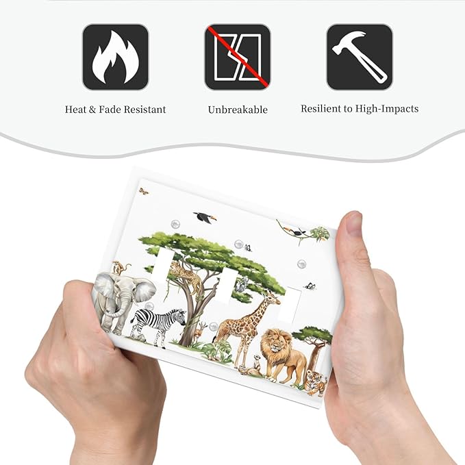 Large Animals Elephant Giraffe Jungle Lion Leopard Zebra Decorative Switch Plates 3 Gang Wall Plate Triple Toggle Light Switch Cover Faceplate Electrical Wall Panels for Kids Room Nursery Decor