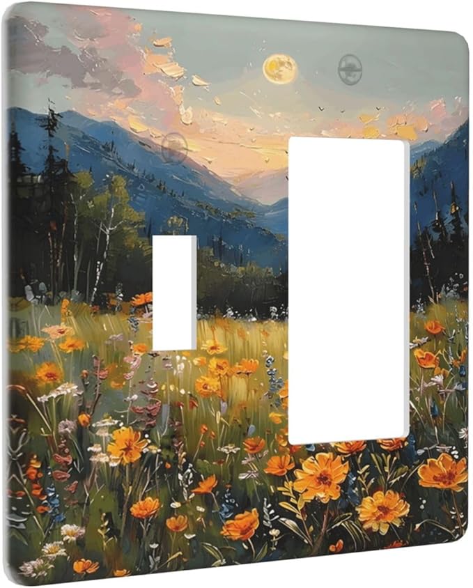 Sunset Wild Flower Field Floral Nature Landscape Outlet Covers 1 Toggle 1 Rocker Combination Decorative Wall Plate Electrical Switch Plates Light Switch Cover Plate for Farmhouse Bedroom Decor