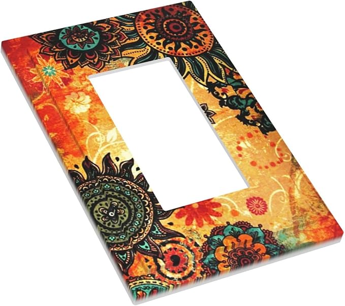 Red Orange Boho Bohemian Flower Floral 1 Gang Decorator Light Switch Cover Single GFCI/Rocker Outlet Switch Wall Plate for Dimmer,USB Outlet Mid Size