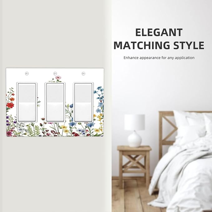 Decorative Light Switch Cover Plate Colorful Wildflowers Plants Flowers on White Background 3 Gang Switch Plate Covers Triple Rocker Wall Plates GFCI Switch Plates and Outlet Covers for Home Decor
