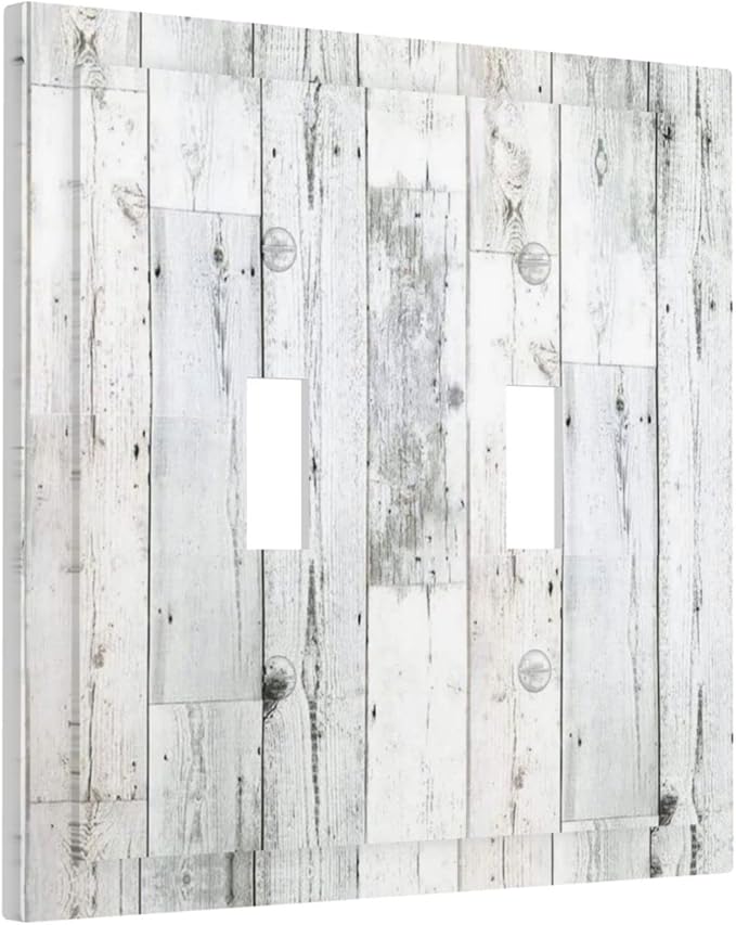 Grey White Wood 2 Gang Double Toggle Light Switch Cover Decorative Wall Plate Faceplate for Kids Boys Girls Bathroom Home Living Room Decor 5" x 4.9
