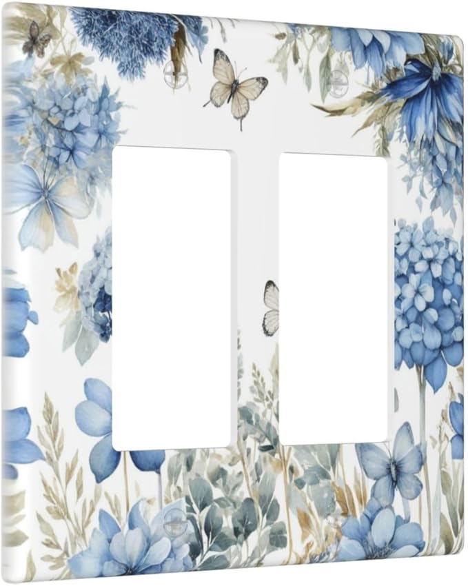 Decorative Outlet Covers Boho Blue Flowers Rustic Beige Butterfly Leaves 2 Gang Wall Plate Double Rocker Switch Light Switch Plate Covers Jumbo Dual Electrical GFCI Switch Cover Plate