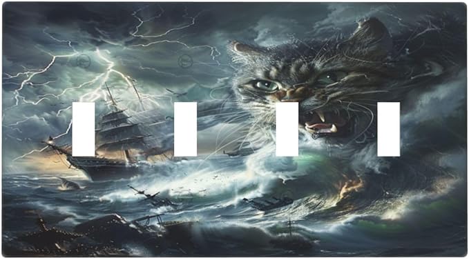 Light Switch Cover Plate funny Cat Stormy sea Lightning Sailboats 4 Gang Quad Toggle Decorative Switch Plates Electrical Wall Plates Faceplate for Bathroom Kid Room Decor