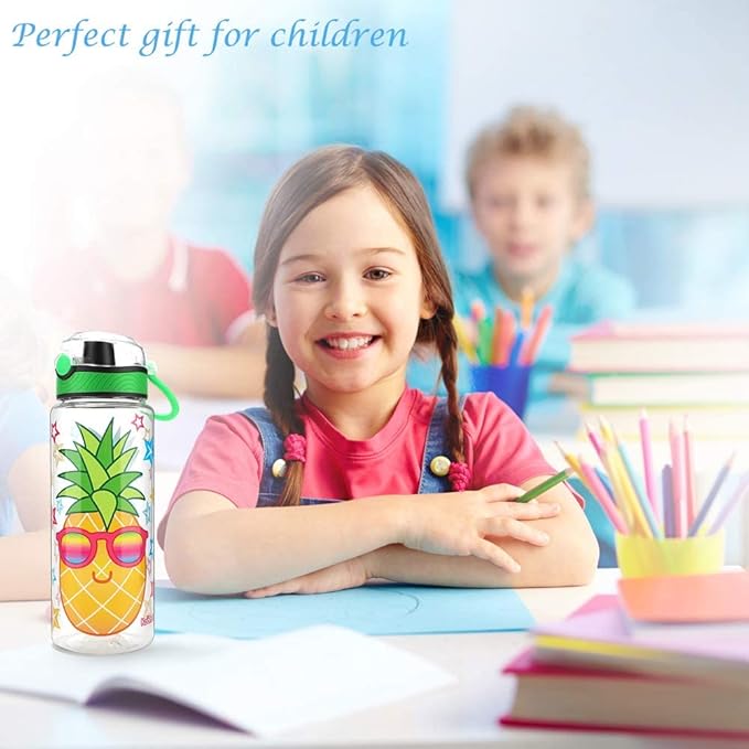 Home Tune Cute Water Bottle for School Kids Girls, BPA FREE Tritan & Leak Proof & Easy Clean & Carry Handle, 23oz/ 680ml - Pineapple