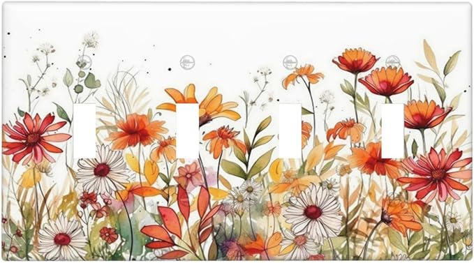 Watercolor Wild Flower Floral Daisy Plant Light Switch Covers Quad Toggle Electrical Faceplate 4 Gang Wall Plate Decorative Switch Plates for Bedroom Living Room Decor