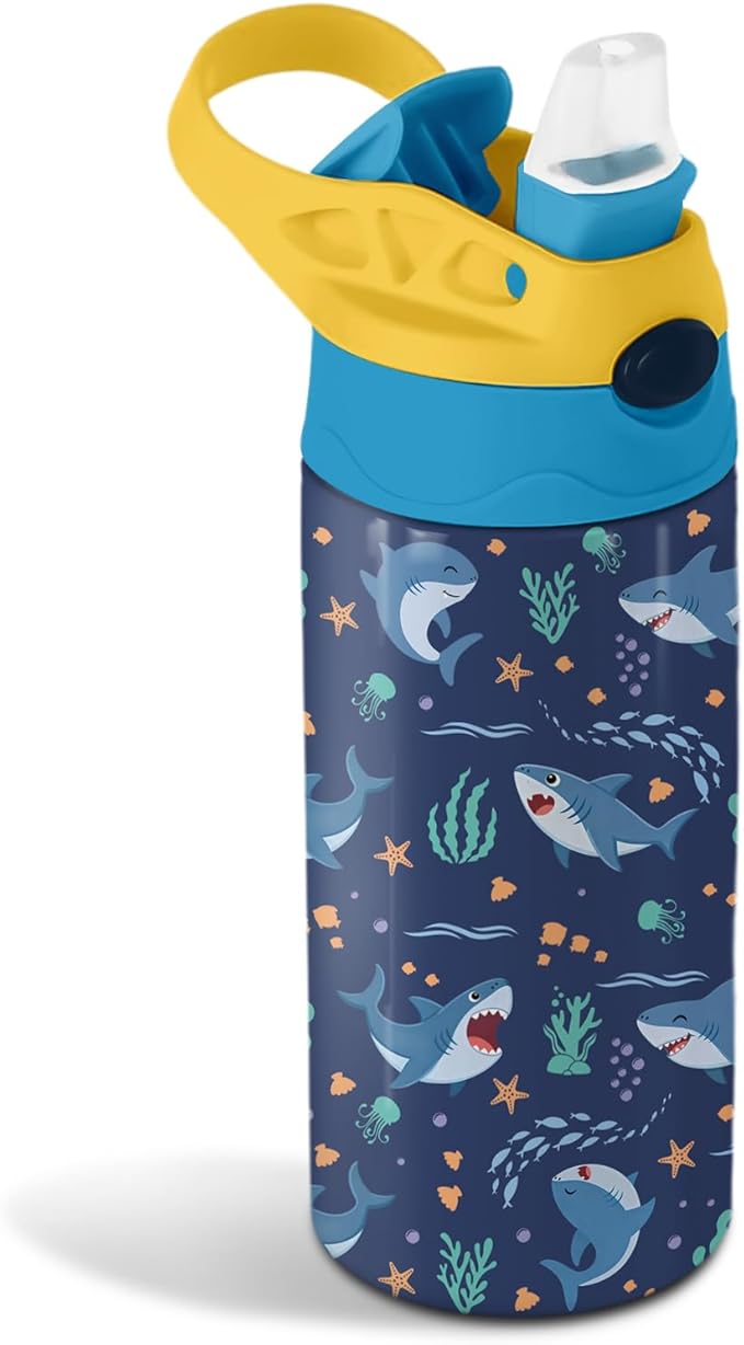 12oz Shark Water Bottle Kids - Baby Shark Water Bottle with Straw Lid & Handle, BPA-Free, Leak-Proof, Double-Wall Stainless Steel Insulated Kids Waters Bottles for School, Gift Cup for Sea Lover
