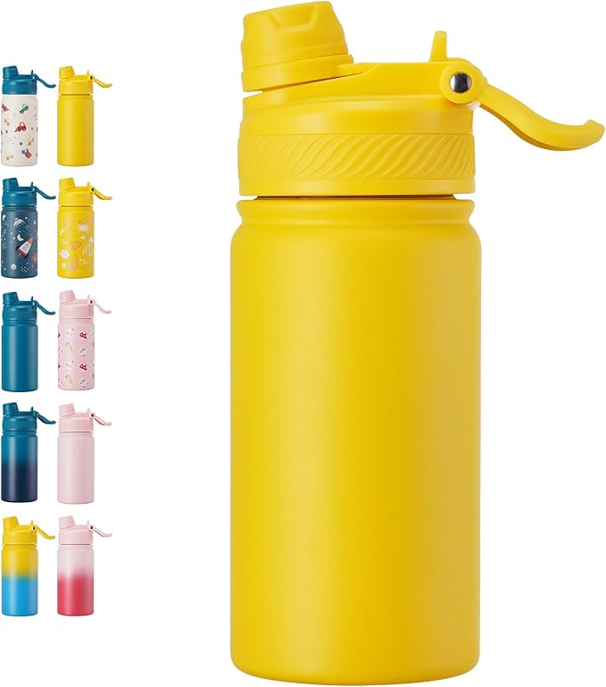 Fijinhom 12 oz Kids Water Bottle, 2-in-1 Stainless Steel Vacuum Insulated Water Bottle for Toddler, Leak Proof Spout & Straw, Double Wall Thermal Flask for Boys&Girls, School, Outdoor, Travel (Yellow)