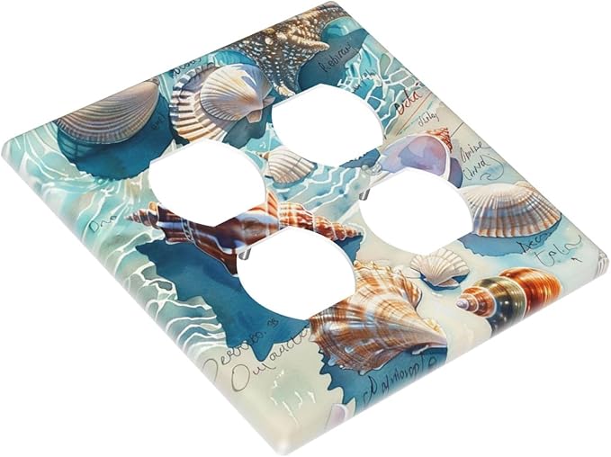 Outlet Covers Ocean Waves Starfish Conch Scallop Shell 2 Gang Double Duplex Decorative Light Switch Covers Electrical Wallplates Socket Faceplate For Kids Room Nursery Decor