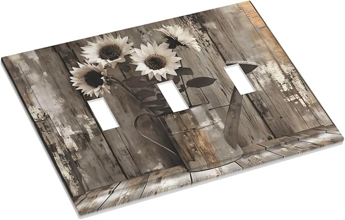 Rustic Floral Country Sunflower Daisy Old Wooden Boards Decorative Switch Plates 3 Gang Wall Plate Triple Toggle Light Switch Cover Faceplate Electrical Wall Panels for Farmhouse Home Decor
