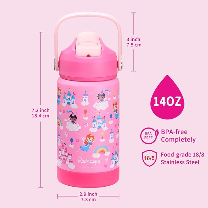 rockpapa 14 oz Kids Insulated Water Bottle，Stainless Steel Toddler Cups with Straws, BPA Free, Leak-Proof, Kids Water Bottle for School Boys& Girls (Pink Fairies)