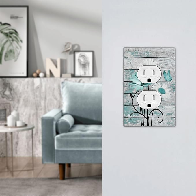 Teal White Daisy Flower Butterfly On Rustic Wood Board Outlet Covers 1 Gang Duplex Light Switch Cover Decorative Switch Plates Electrical Receptacle Faceplate Wall Plate for Farmhouse Bedroom Decor