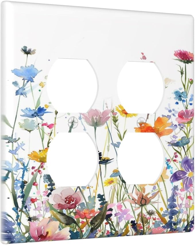 Watercolor Wildflowers Colorful Floral Plant Outlet Covers 2 Gang Double Duplex Decorative Light Switch Covers Electrical Wallplates Socket Faceplate for Bedroom Living Room Decor