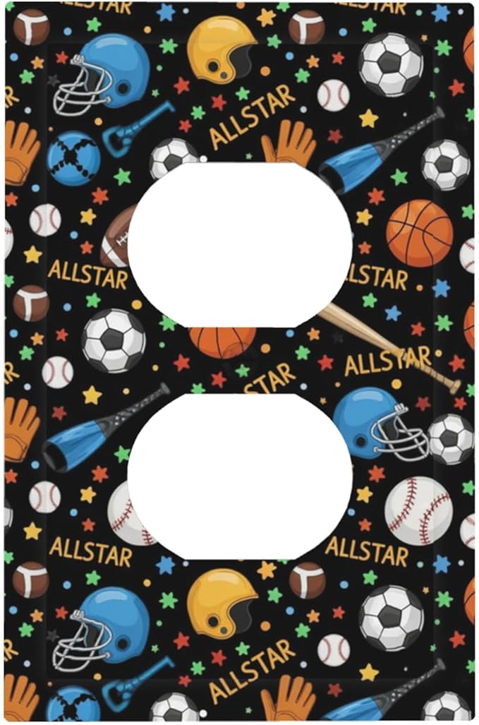 All Star Sports Duplex Wall Plate - 1-Gang Standard US Size Multi-Sport Outlet Covers, Football Baseball Basketball for Kids Room Decor